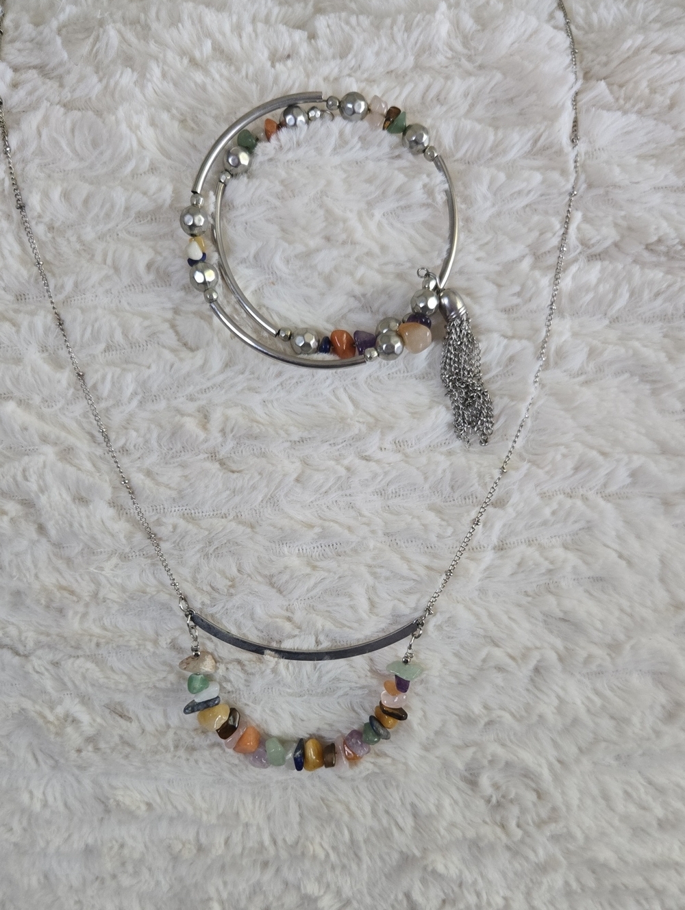 Multi-Color Beaded Bar Necklace and Bracelet Set - Silver Tone In Pouch Included